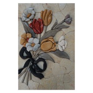 Black Ribbon Multicolored Flowers Bundle Marble Stone Mosaic Art
