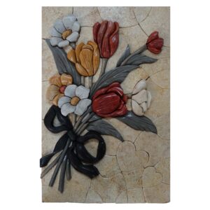 Black Ribbon Multicolored Flowers Bundle Marble Stone Mosaic Art