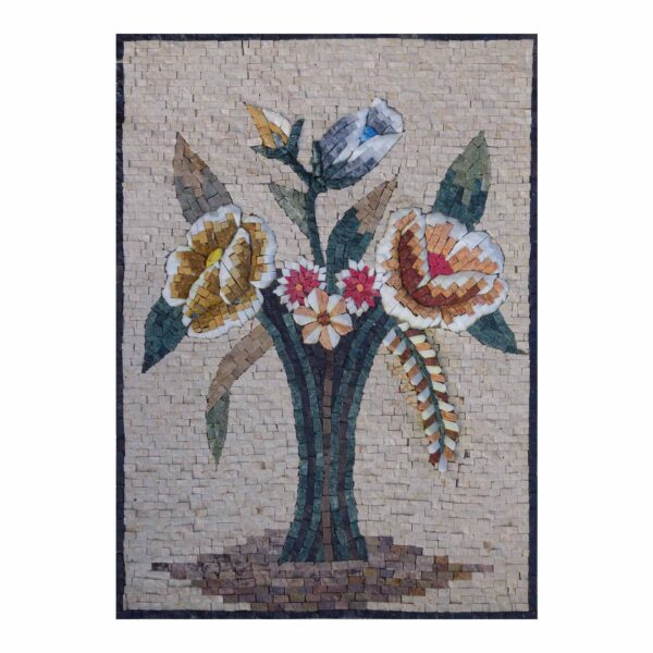 Expressive Multicoloured Flower Branch Marble Stone Mosaic Art