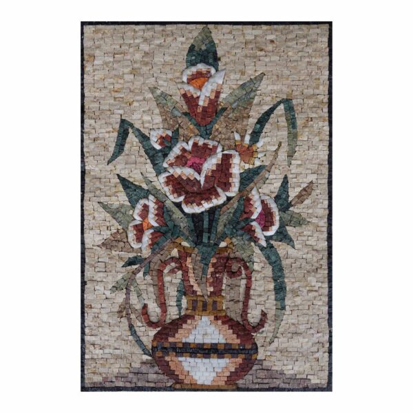 Elegant Multicoloured Flowers Vase Marble Stone Mosaic Art