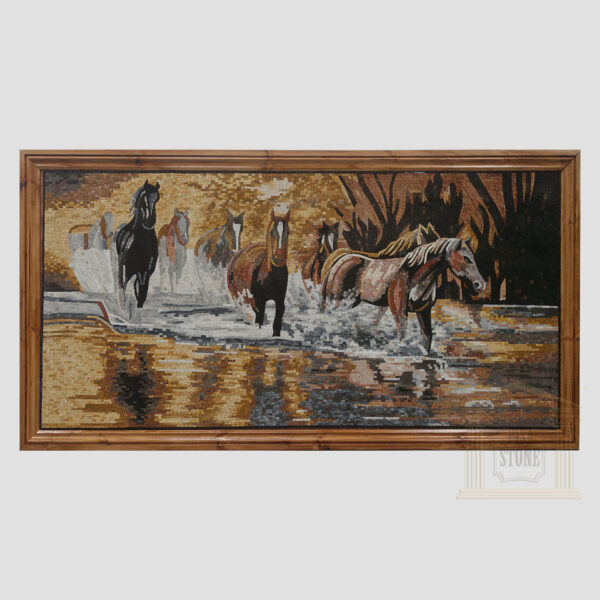 Horses Galloping Through The River Marble Stone Mosaic Art
