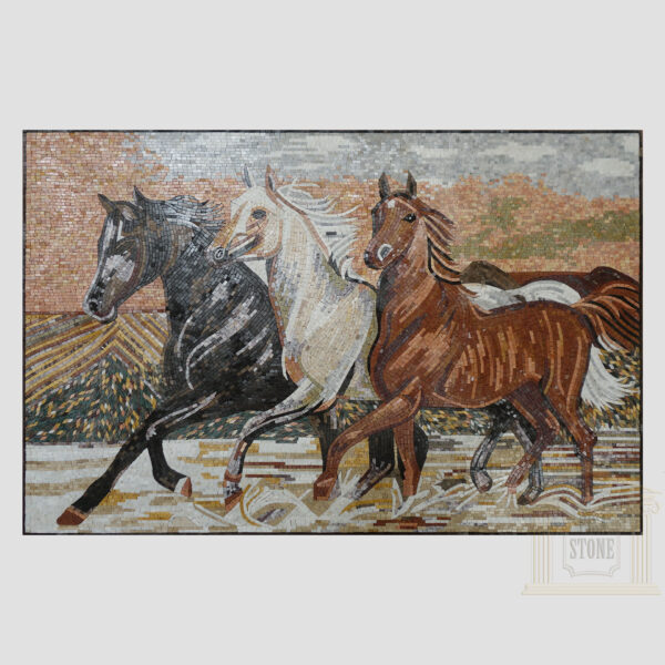 Running Horses Marble Stone Mosaic Art
