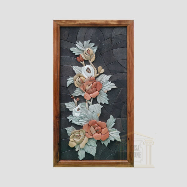 3D Branch of Flowers, Black background Marble Stone Mosaic Art