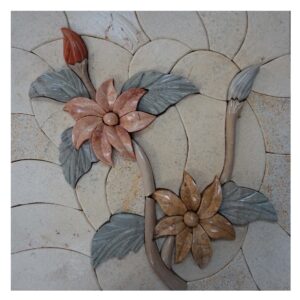 Rosy floral multicolored flowers branch marble, stone mosaic art