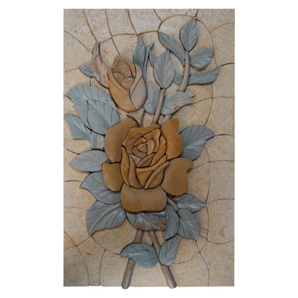 Yellow Flower and Blue Leaves Marble Stone Mosaic Art